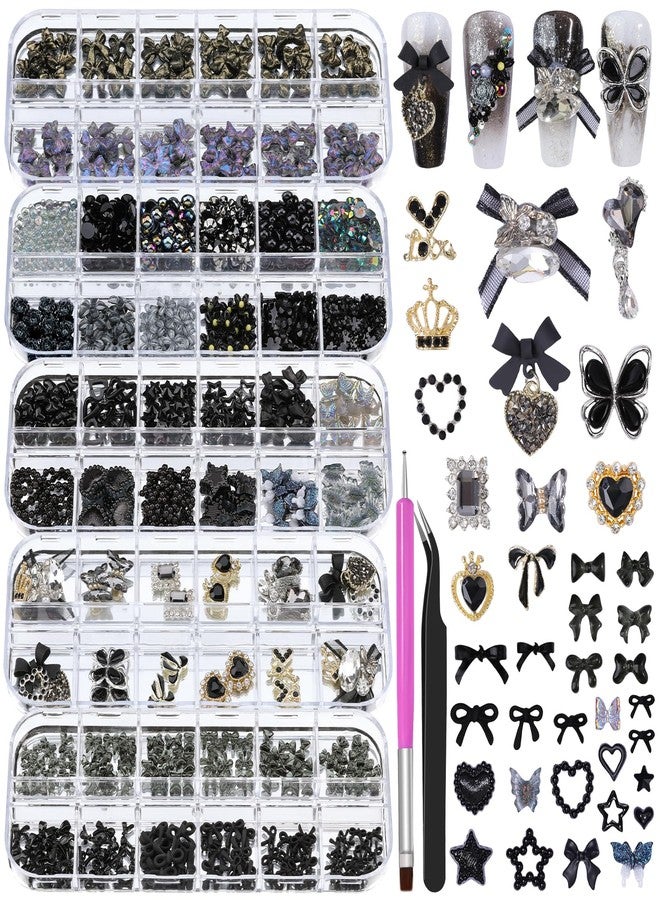 editTime 5 Boxes Black 3D Nail Charms Set, 24Pcs Y2k Alloy Nail Art Rhinestone Charms 3D Bow Flower Crown Heart Star with Tweezers and Dual-end Brush for Manicure Salon DIY Crafts,Face Makeup Gems Jewels - Image 1